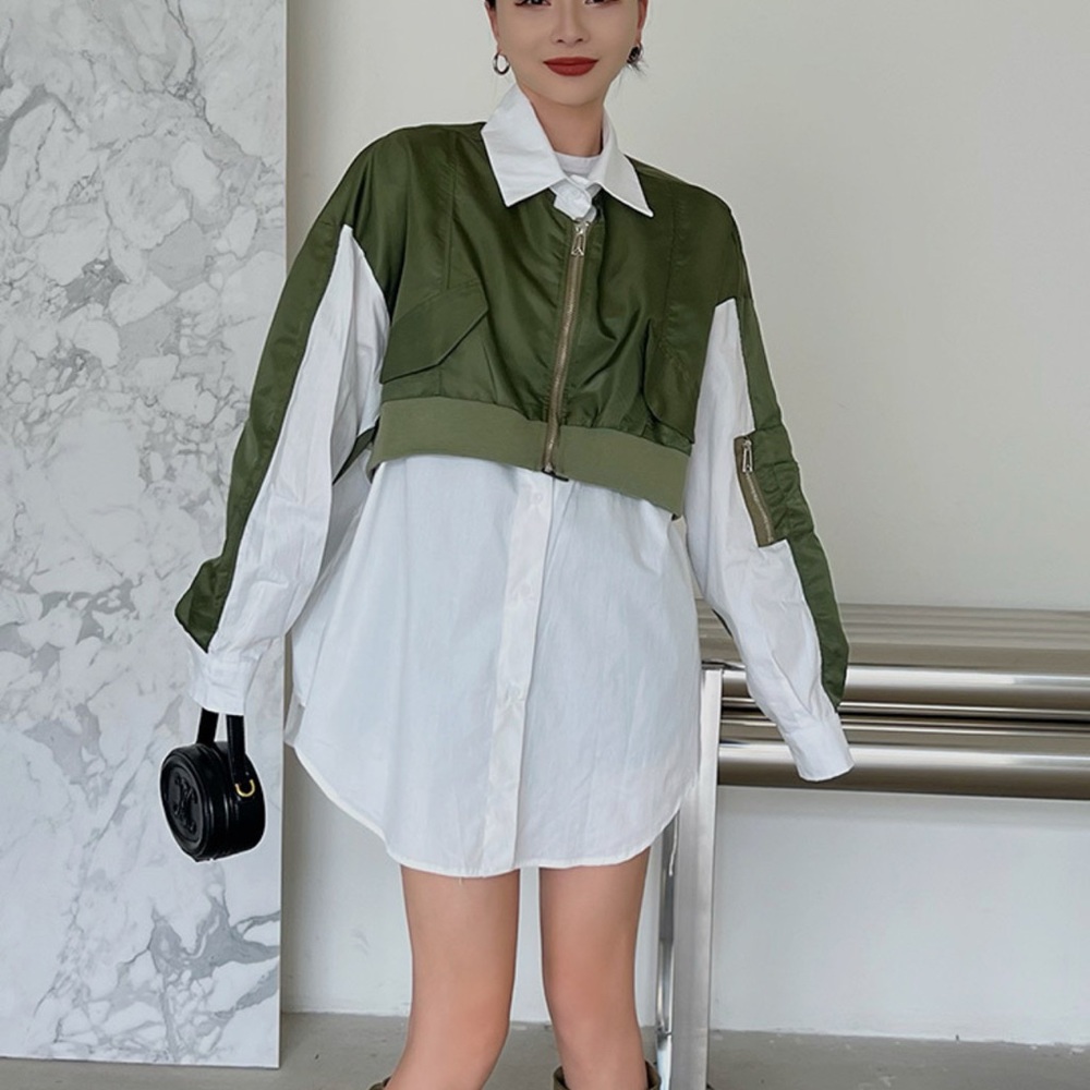 Green and White Cropped Jacket with Shirt